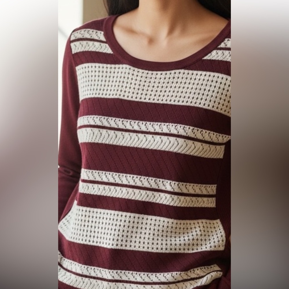 Hannah Burgundy and White Striped Quarter Sleeve Women’s Pullover Dress Sweater